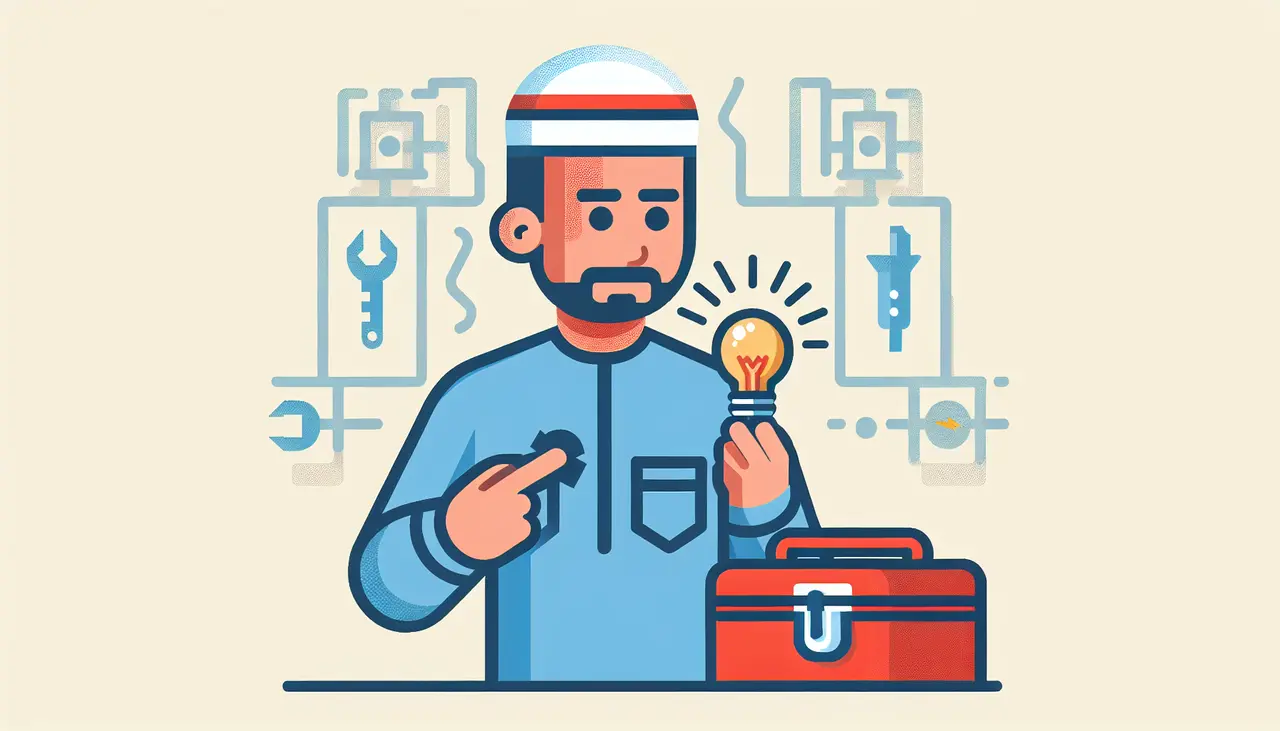 Draw a graphic in flat design style. A flat design image of an electrician in a blue uniform examining a flickering light bulb with a toolbox nearby, set against a simple background with minimalistic icons representing electrical tools and wire circuits.