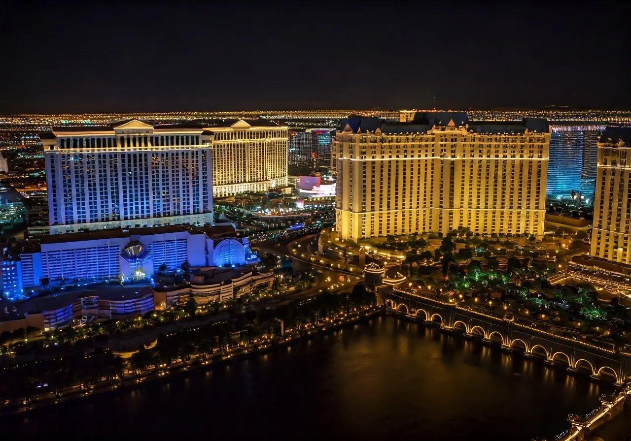 Aerial view of Las Vegas lit up at night. 35mm stock photo