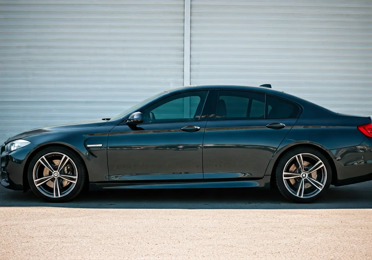 A sleek car with tinted windows parked under bright sunlight. 35mm stock photo