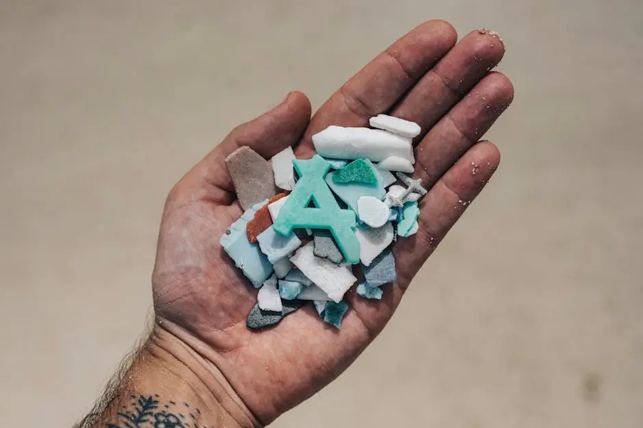 Hand holding assorted pieces of beach plastic debris highlighting environmental impact.