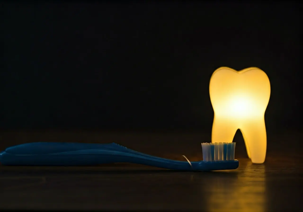 A toothbrush and dental floss beside a glowing tooth model. 35mm stock photo