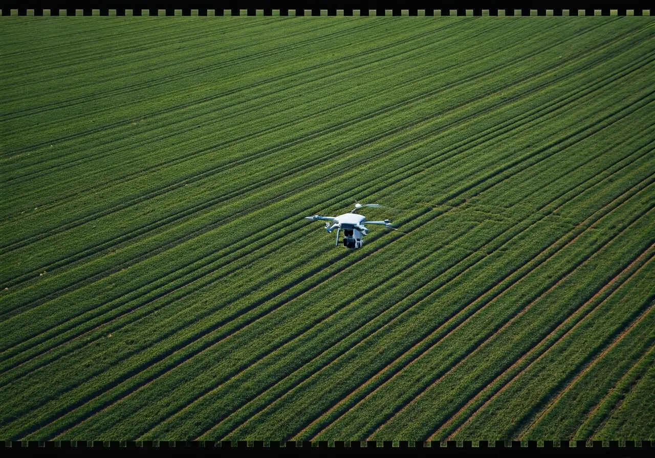 A drone captures aerial view of lush, cultivated farmland. 35mm stock photo