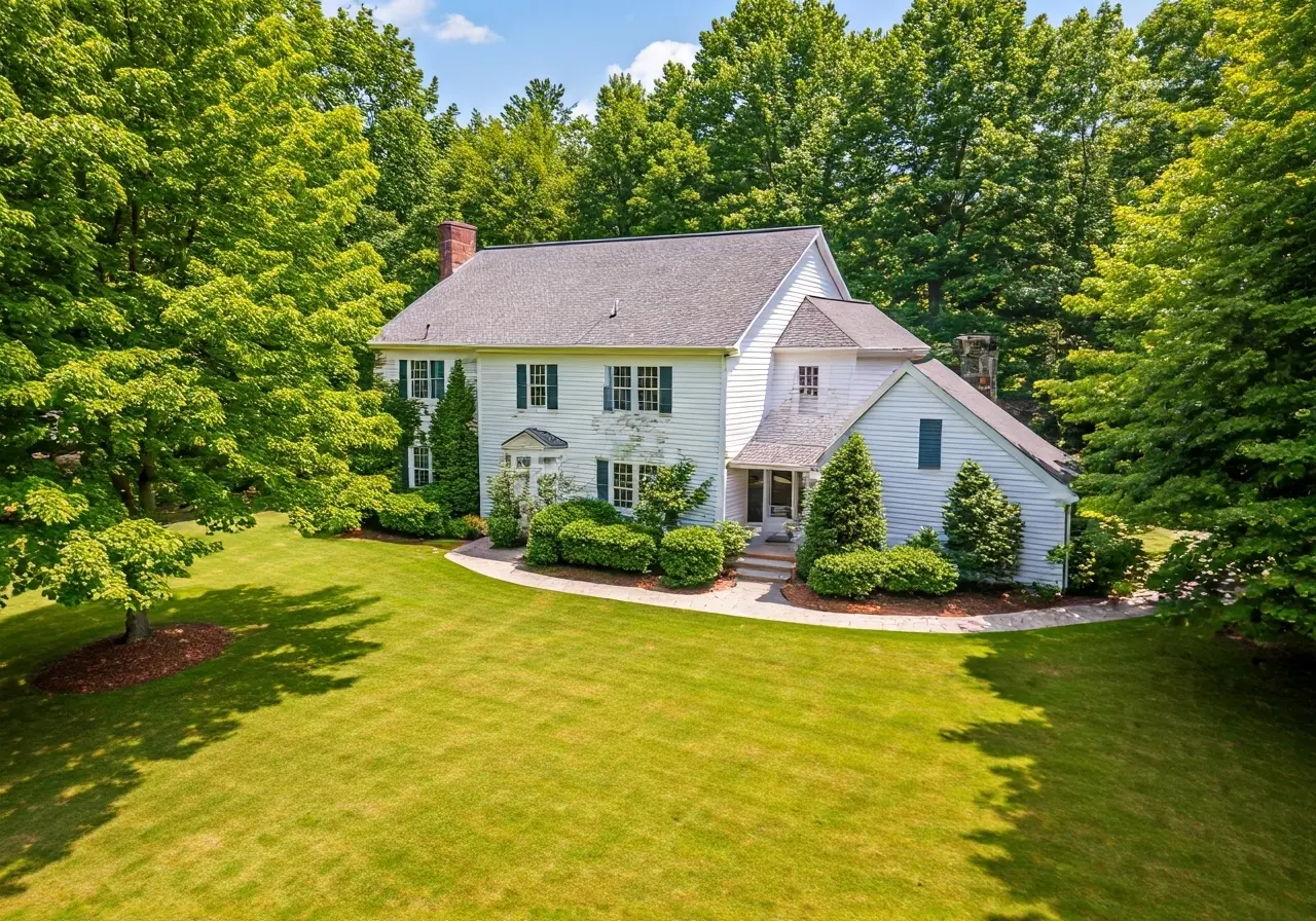 Aerial view of a charming Virginia home with lush yard. 35mm stock photo