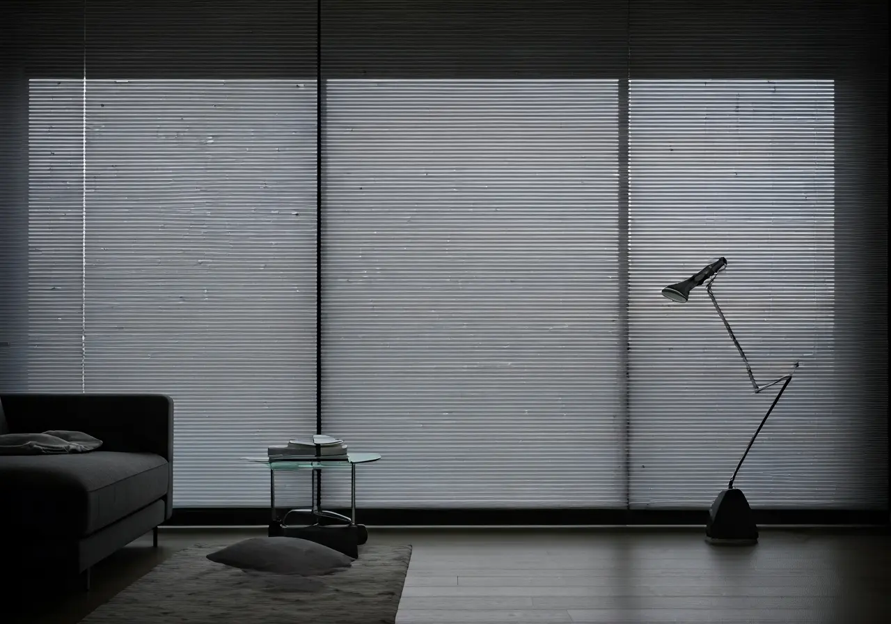 Smart shades adjusting automatically in a modern, minimalist living room. 35mm stock photo