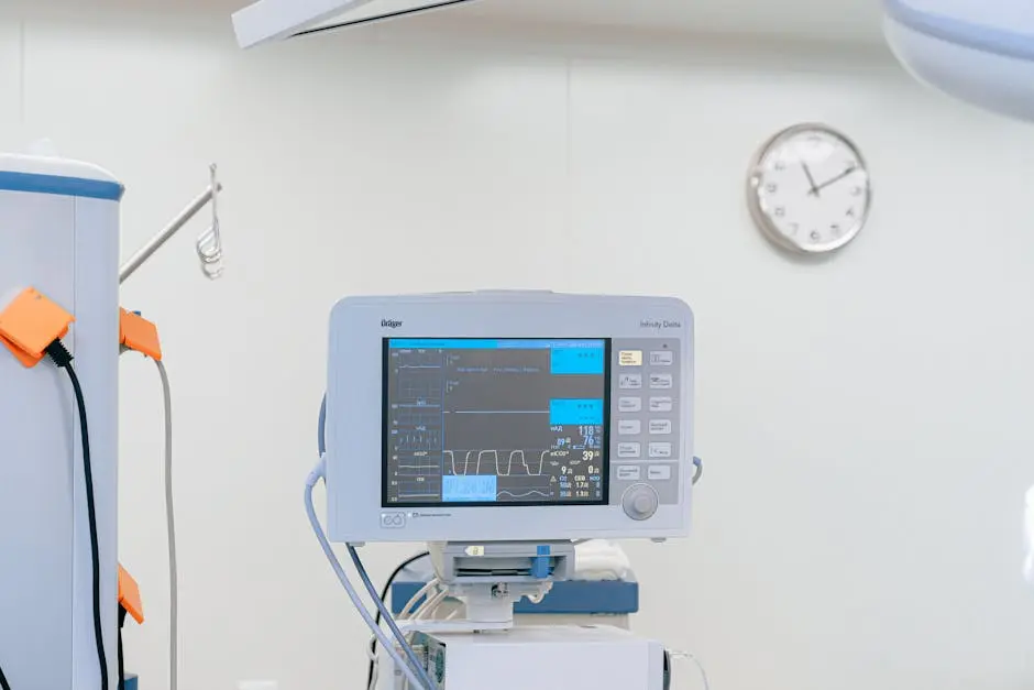 A modern heart rate monitor in a sterile hospital setting, showcasing medical technology.