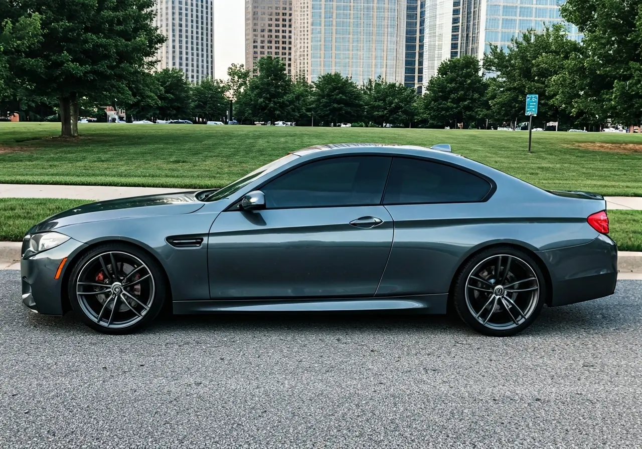 A sleek car with tinted windows parked in Charlotte. 35mm stock photo