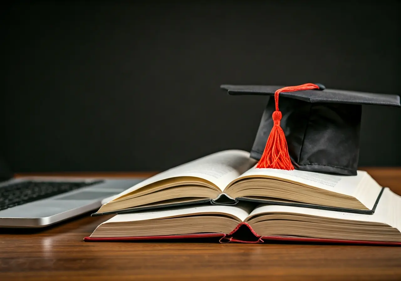 A laptop with open textbooks and a graduation cap nearby. 35mm stock photo