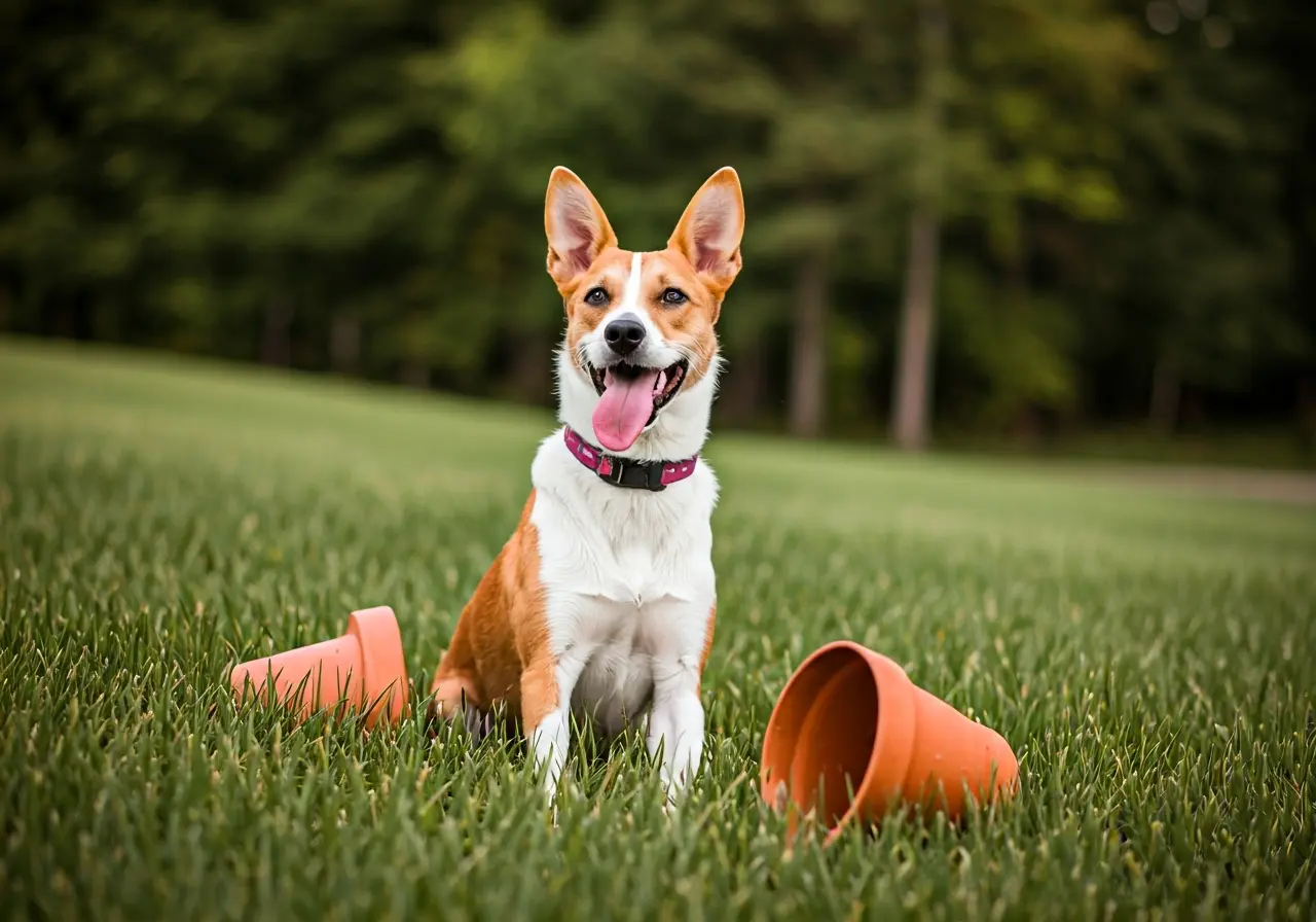 A playful dog with a broken flowerpot in Madison. 35mm stock photo