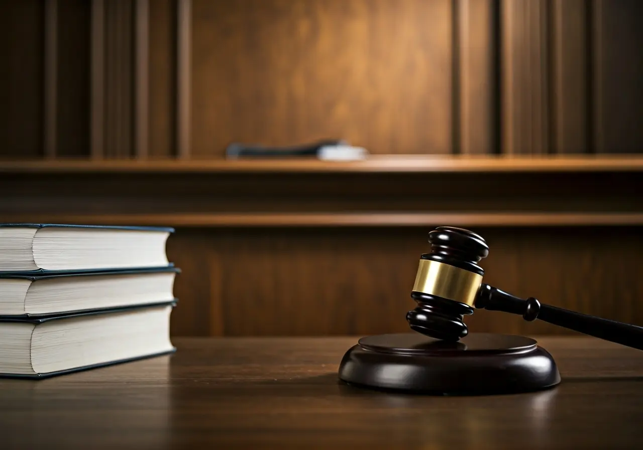 A gavel and law books in an Ohio courtroom. 35mm stock photo