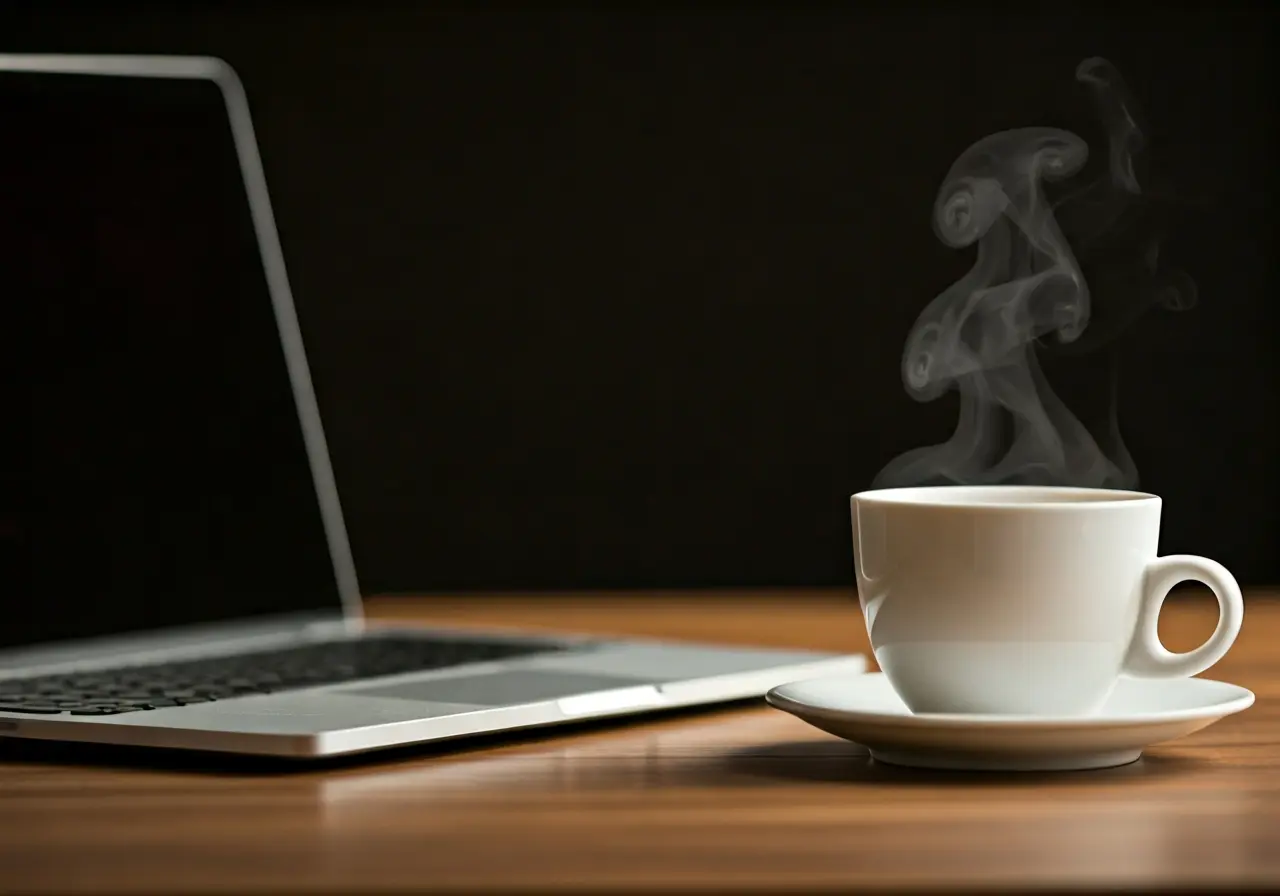 A steaming cup of coffee next to a laptop. 35mm stock photo