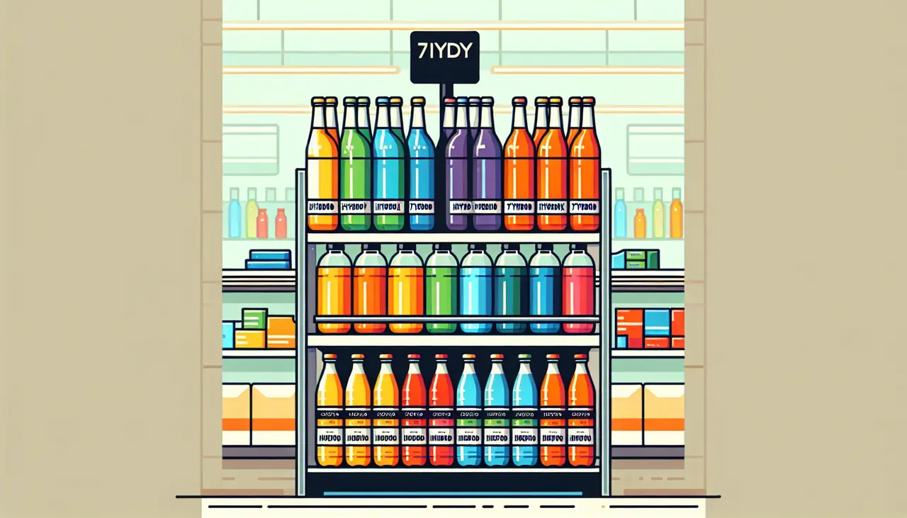 Draw a graphic in flat design style. A flat design image of a retail store shelf displaying neatly arranged, colorful bottles labeled ‘7hydroxy’ with a simple background.