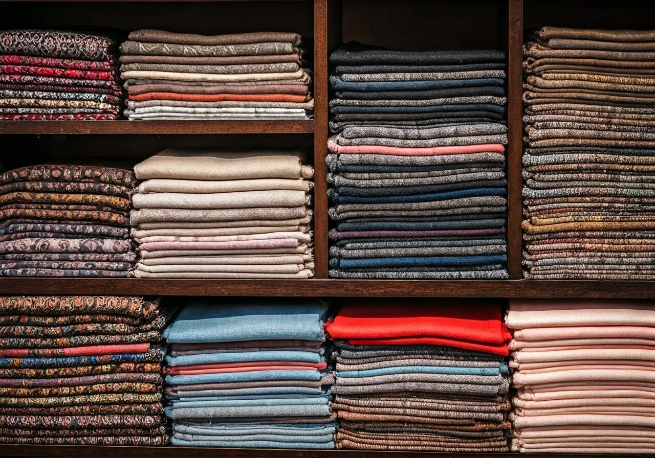 A colorful assortment of fashion scarves neatly displayed on shelves. 35mm stock photo