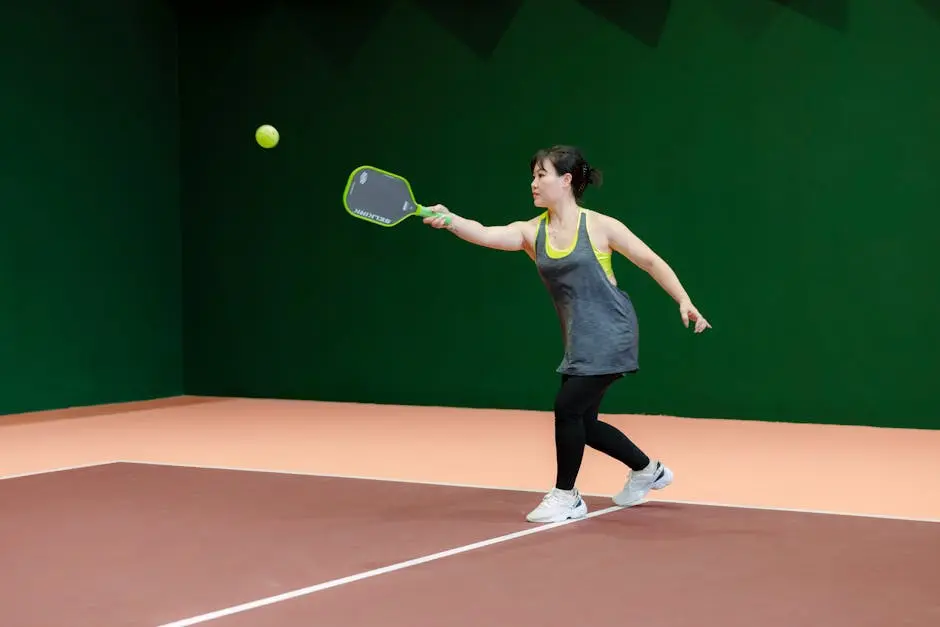 A woman engaging in pickleball on an indoor court, showcasing athletic skill and focus.