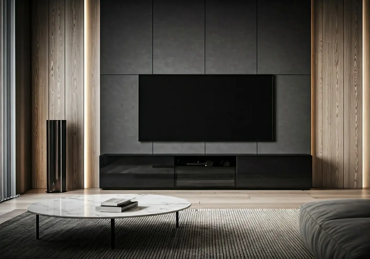 A modern living room with sleek AV design elements. 35mm stock photo