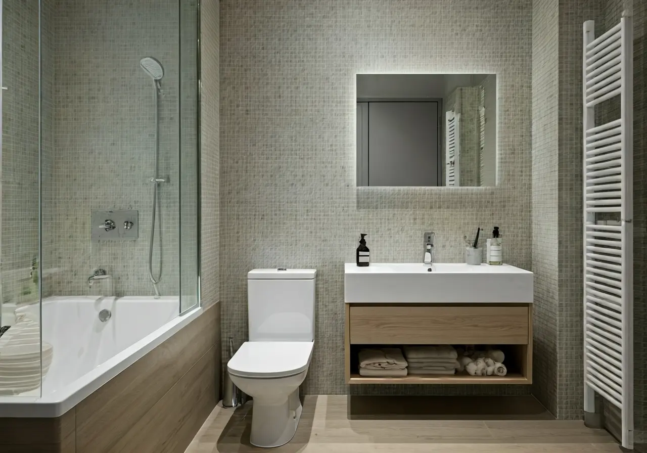 A modern, stylish small bathroom with clever storage solutions. 35mm stock photo