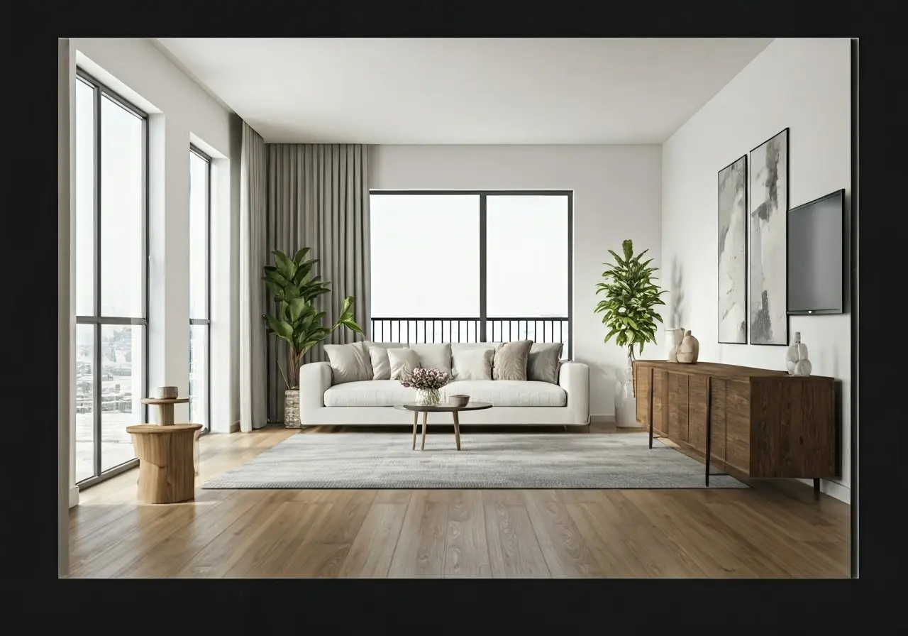 A modern living room showcased through virtual reality goggles. 35mm stock photo