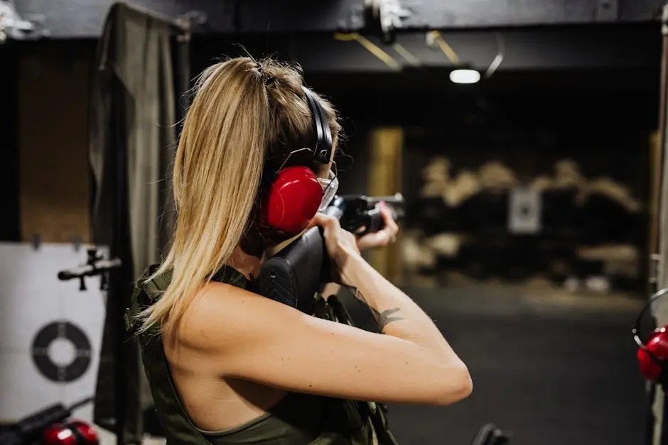 A woman aiming a rifle at a target in an indoor shooting range.