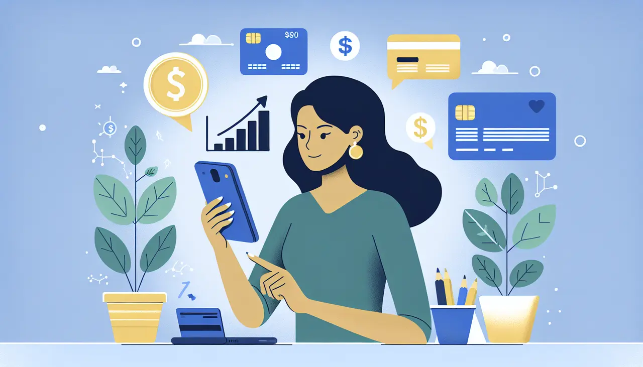 Draw a graphic in flat design style. A flat design illustration of a small business owner using a mobile phone with financial icons like a dollar sign, credit card, and growth chart floating around, symbolizing fintech impact.