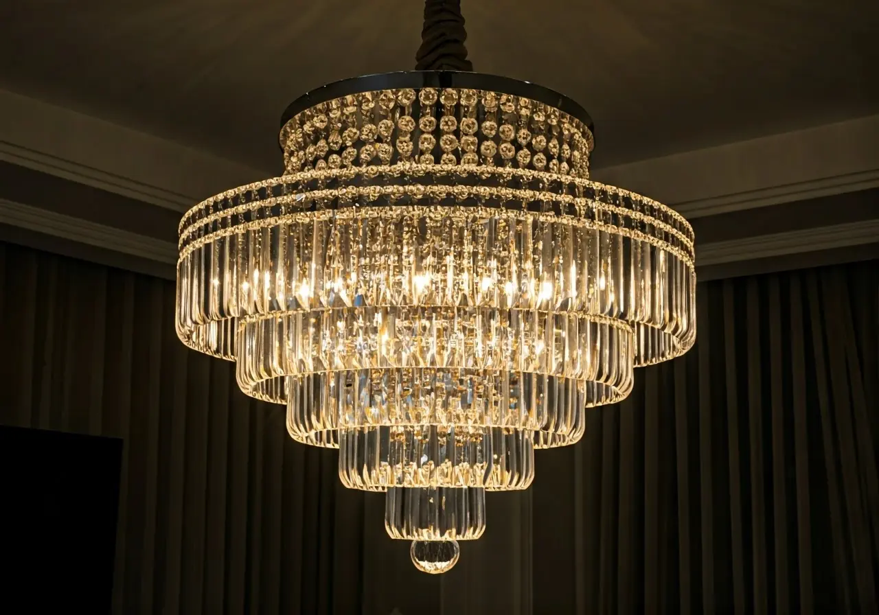 A luxurious crystal chandelier sparkling in a modern living room. 35mm stock photo