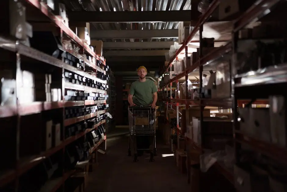 A man wearing a beanie pushes a cart through a dimly lit warehouse aisle.