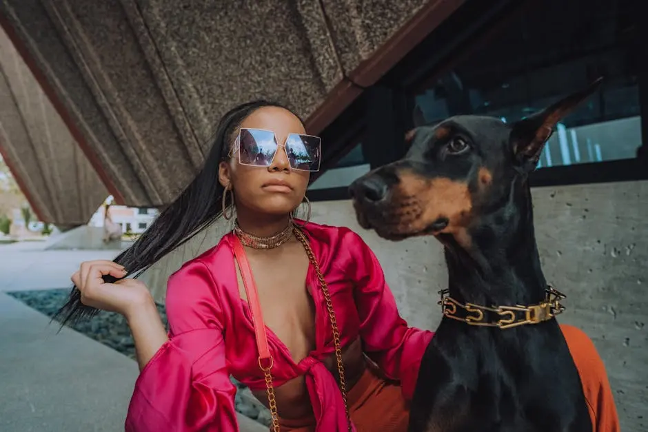 Chic woman in bold fashion poses confidently with a Doberman in an urban environment.
