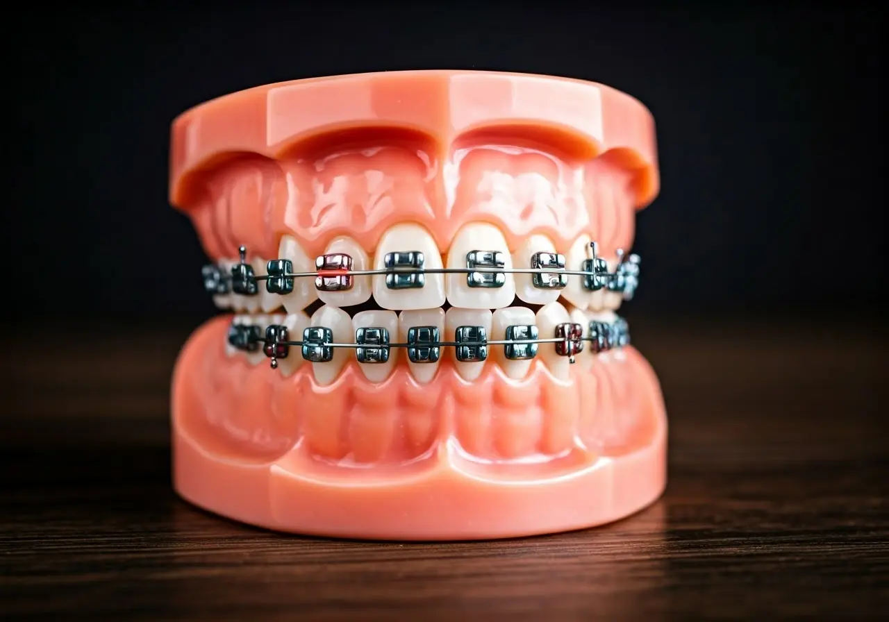 Close-up of ceramic braces on a model of teeth. 35mm stock photo