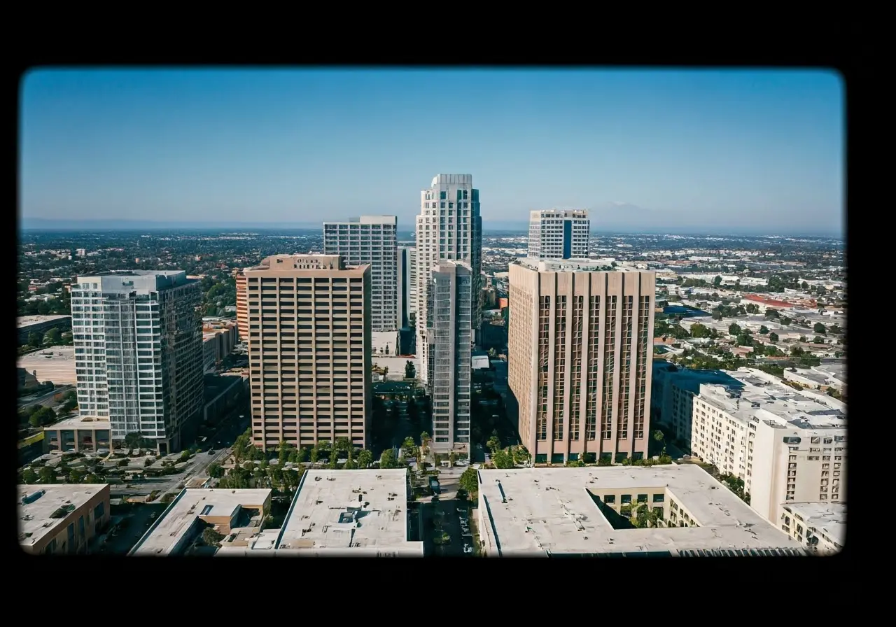 Aerial view of Orange County skyline with tech buildings. 35mm stock photo