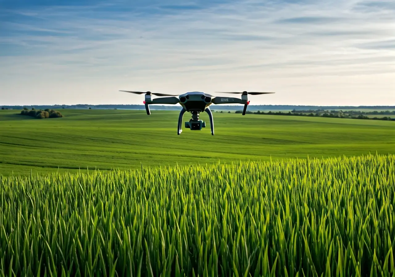 A drone flying over a lush, green agricultural field. 35mm stock photo