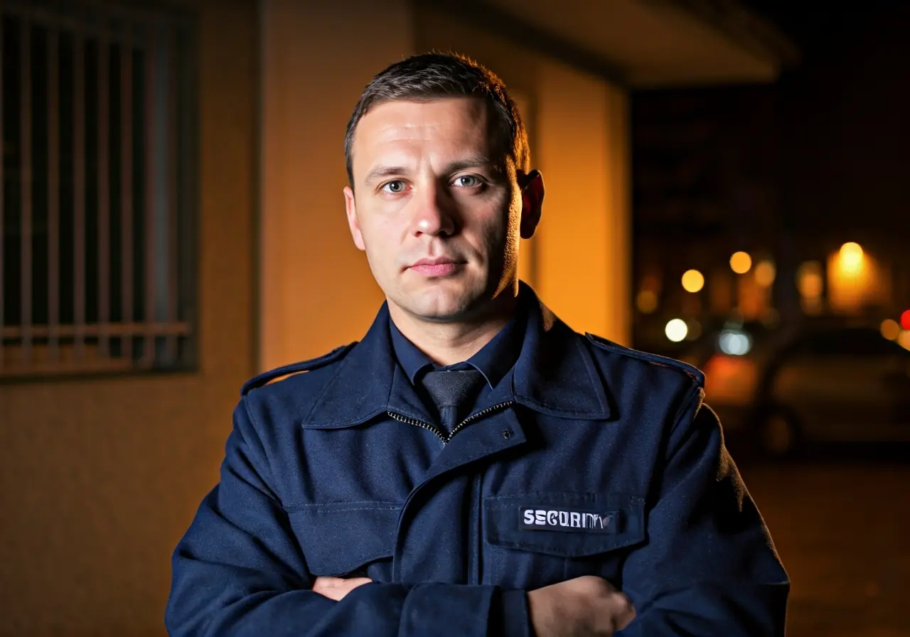 A security guard standing outside a protected building at night. 35mm stock photo