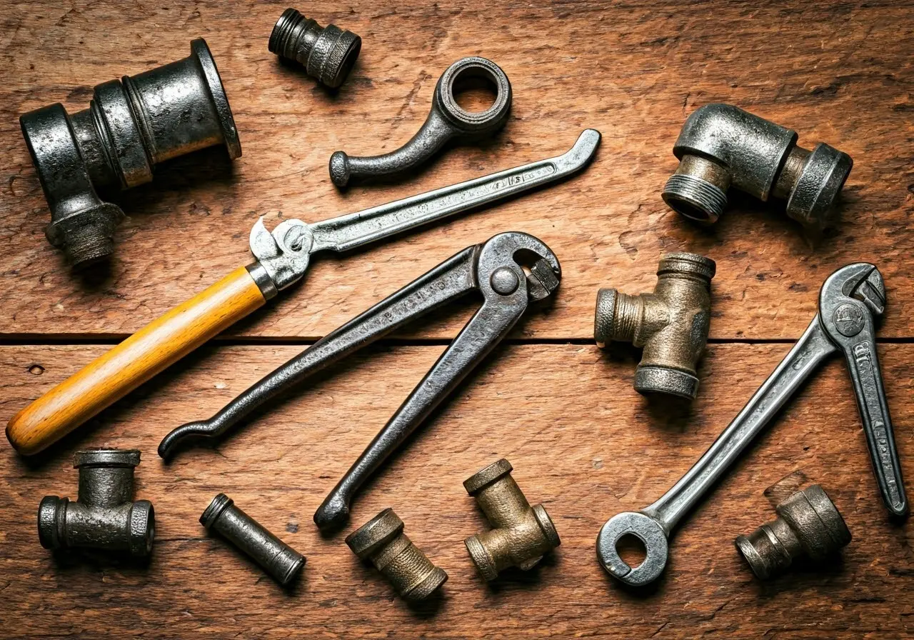 An assortment of vintage plumbing tools on a wooden workbench. 35mm stock photo