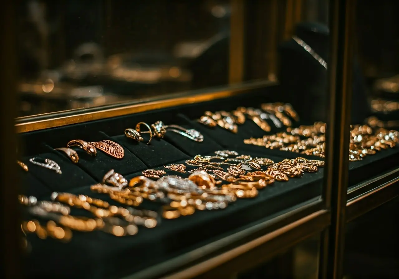 A glass display case filled with various gold and silver jewelry. 35mm stock photo