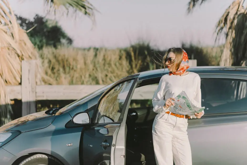 Woman with sunglasses and scarf holding a map by car. Perfect for travel and tourism themes.