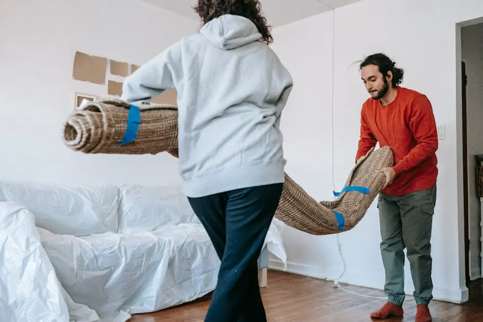 A couple unrolls a carpet in their new apartment, amidst moving and unpacking.