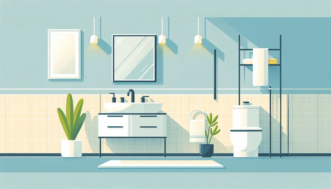 Draw a graphic in flat design style. A modern bathroom with sleek fixtures and light colors, featuring a small potted plant and a mirror, all drawn in a clean, flat design style.