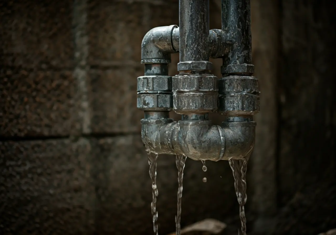 A close-up of poorly installed pipes leaking water. 35mm stock photo