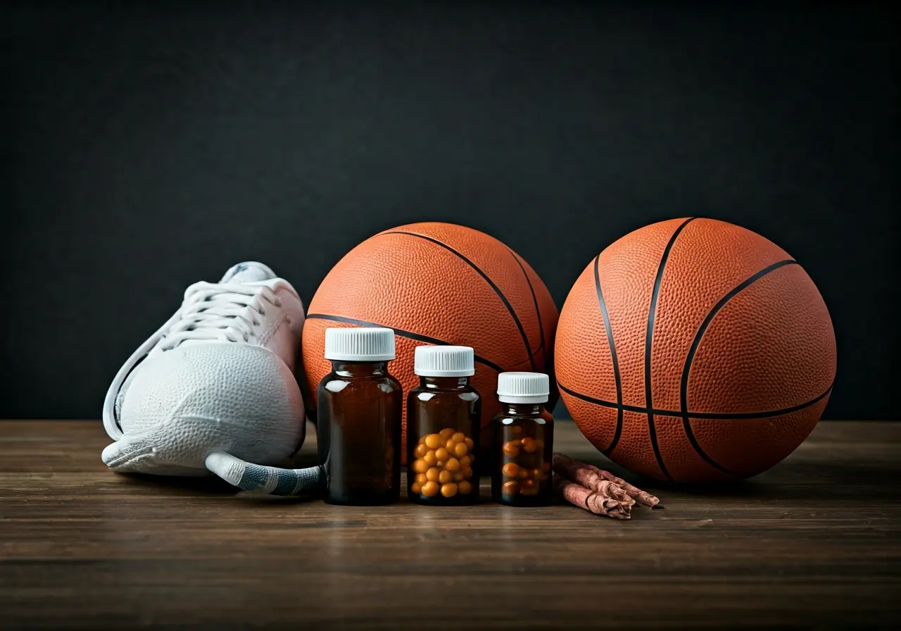A variety of sports gear placed alongside herbal medicine bottles. 35mm stock photo