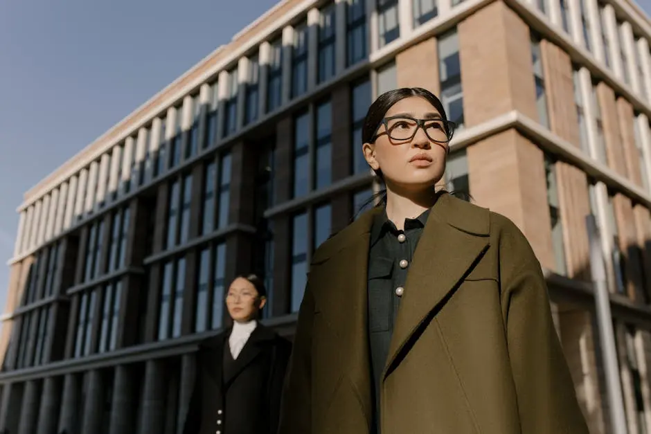 Two professional women in elegant coats stand confidently outside a contemporary urban office building.