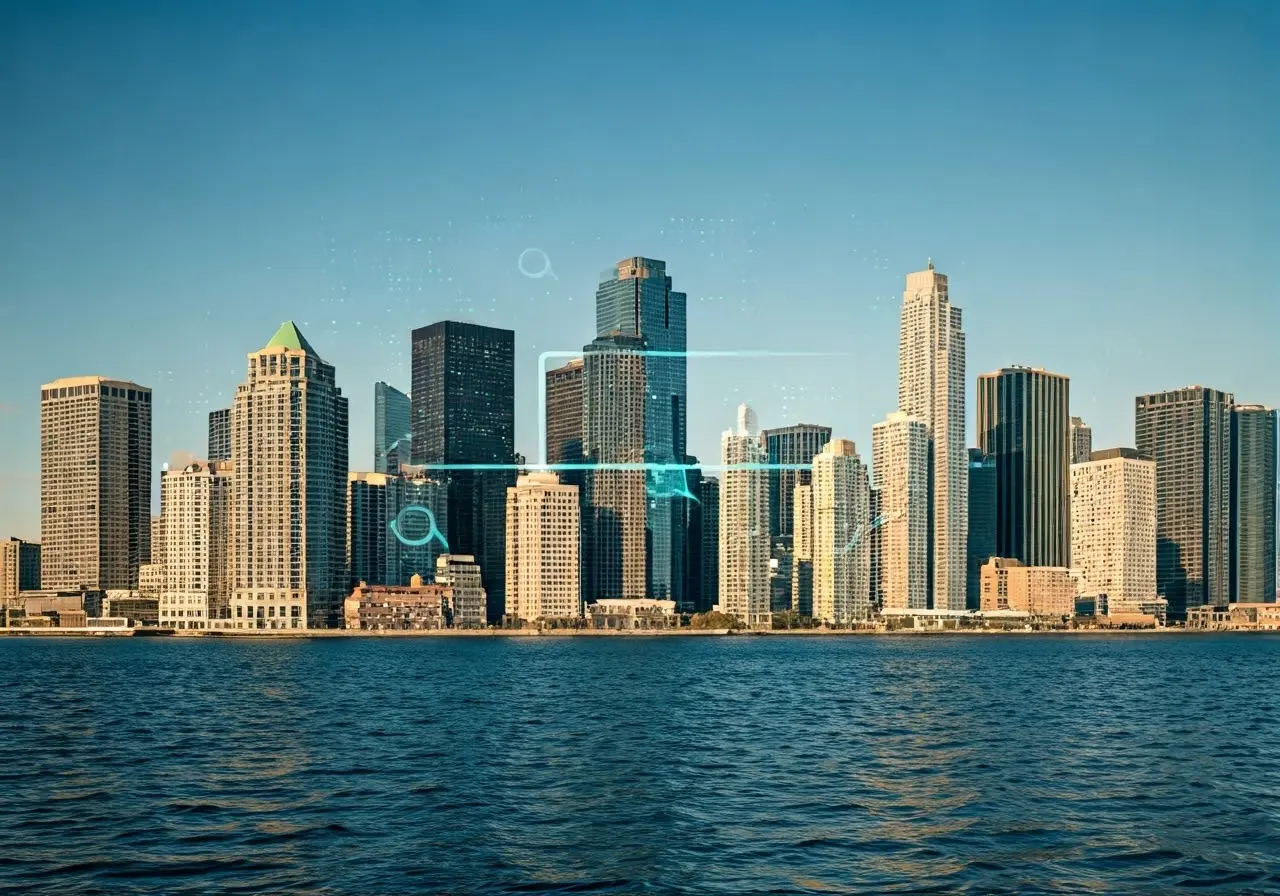 A bustling Long Island skyline with digital search icons overlay. 35mm stock photo