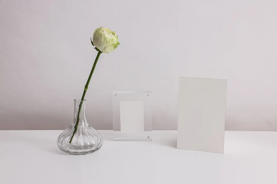 Elegant minimalist setup with a glass vase, a white rose, and a mockup card on a white surface.