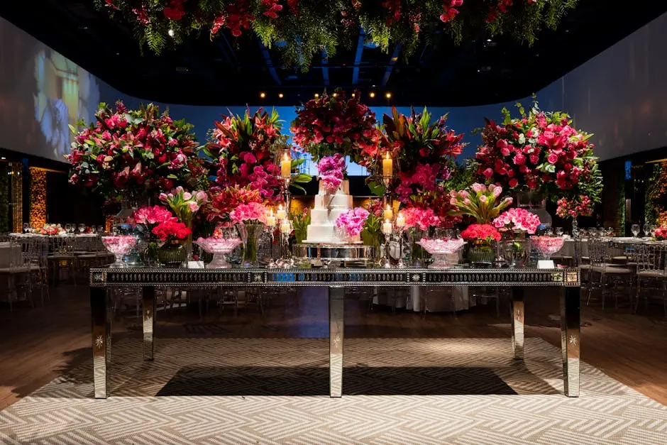 Luxurious wedding reception featuring vibrant floral arrangements and a central cake on a mirrored table.