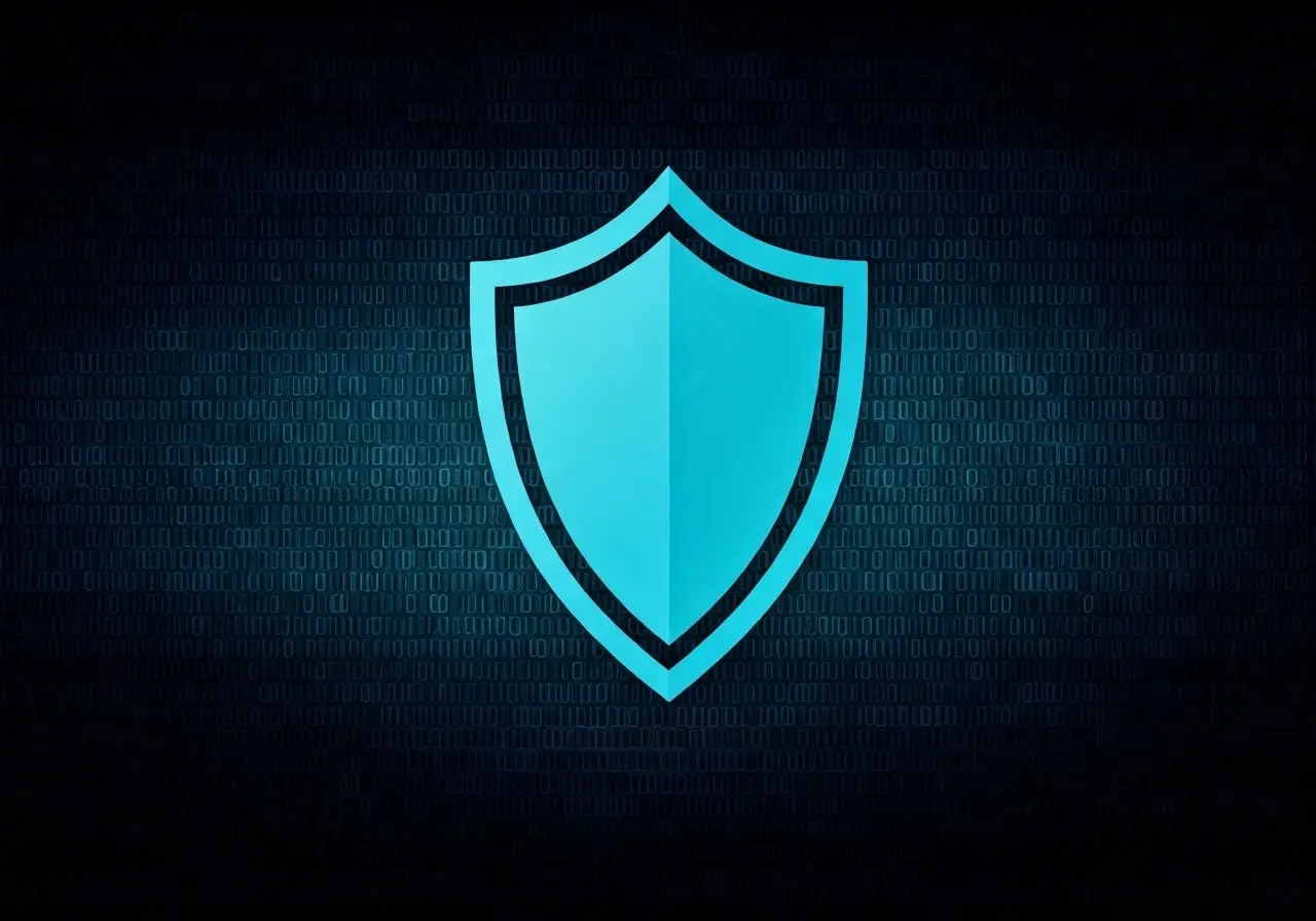 A shield icon over a computer with binary code background. 35mm stock photo