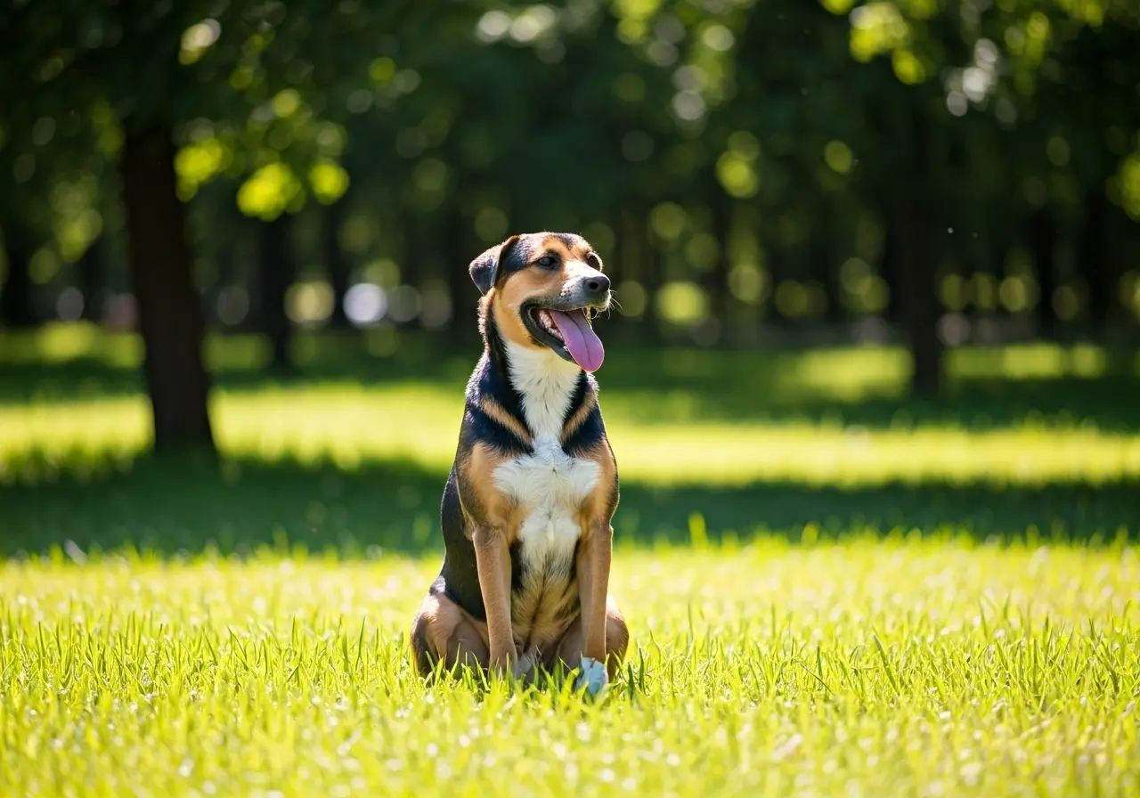 A happy dog sitting obediently in a sunny park. 35mm stock photo