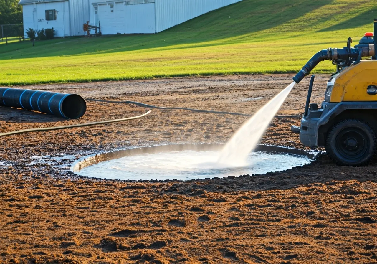 A powerful hydro jet cleaning sewer pipes outdoors in Hope Mills. 35mm stock photo