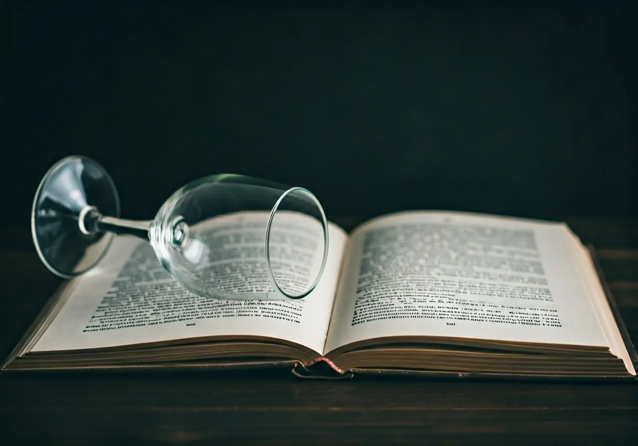 A spilled wine glass beside an open psychology book. 35mm stock photo