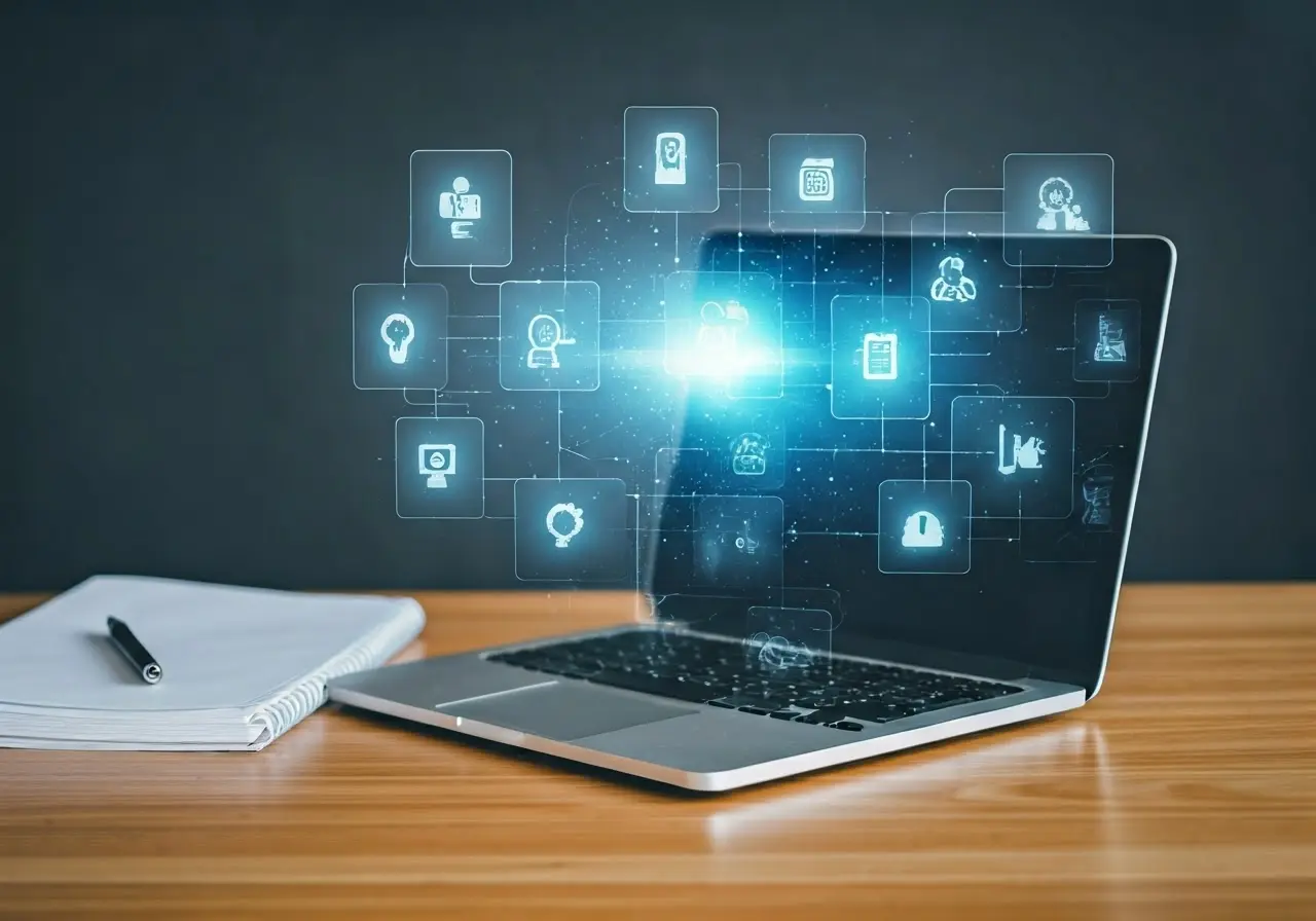 A laptop with digital marketing icons and notepad on desk. 35mm stock photo