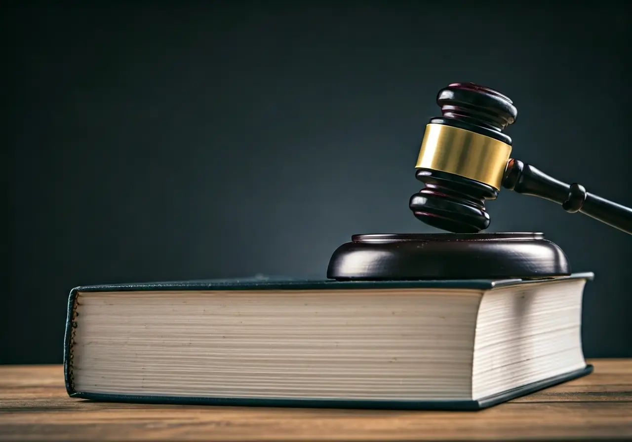 A gavel resting on a legal book in an office. 35mm stock photo