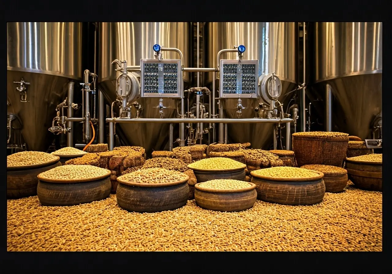 Brewery equipment with various hops and grains on display. 35mm stock photo
