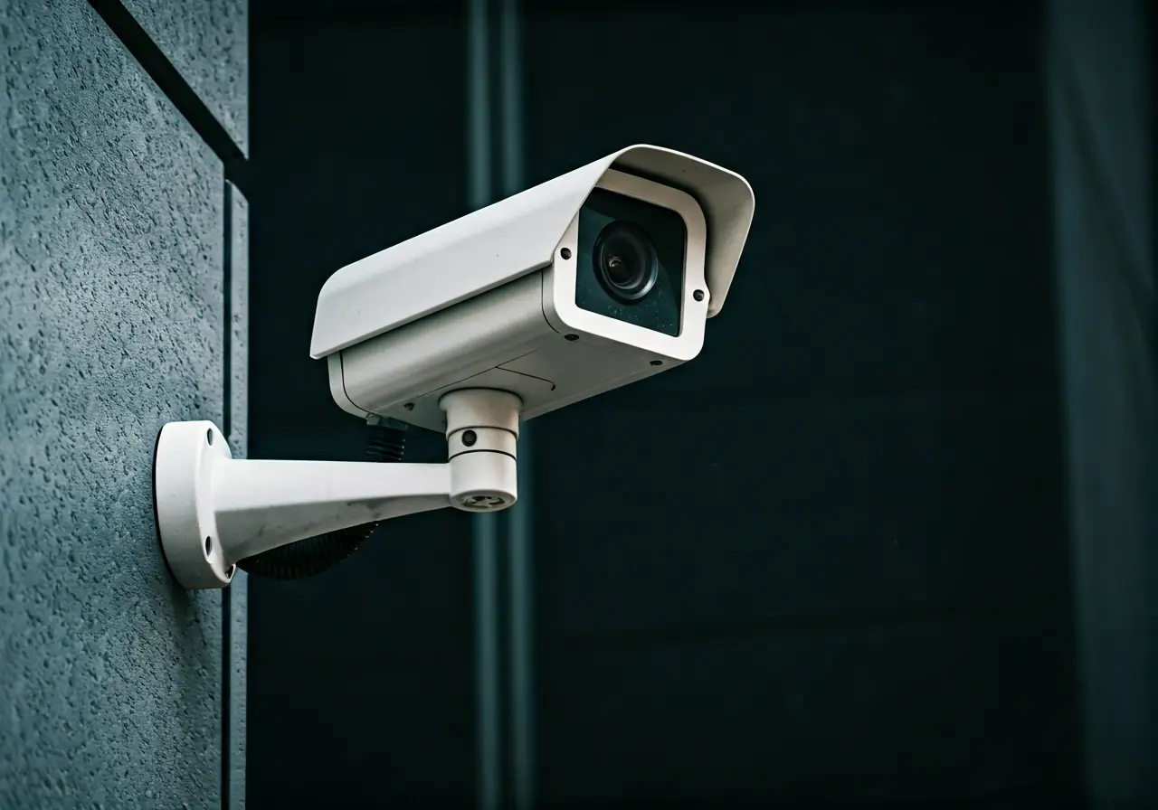 A high-tech security camera mounted on a building wall. 35mm stock photo