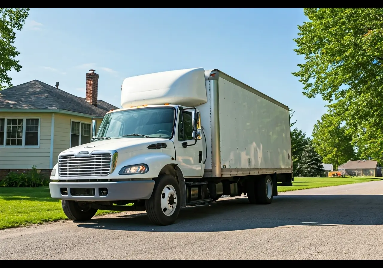 A moving truck parked in front of a small house. 35mm stock photo