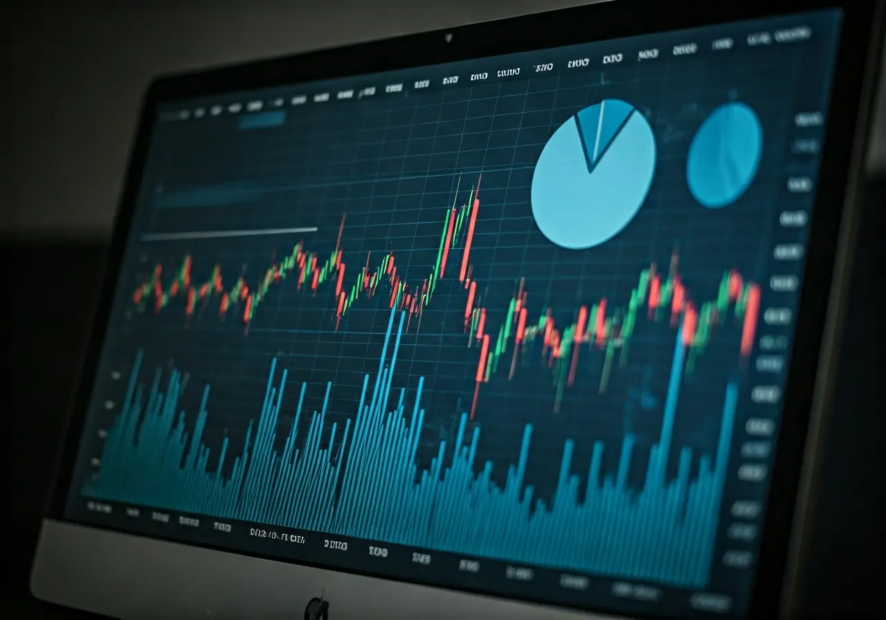 A computer screen displaying financial charts and graphs. 35mm stock photo